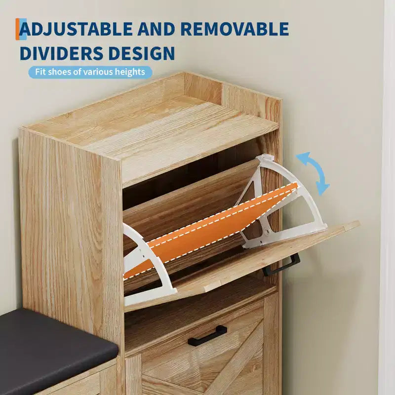Banc avec 4 tiroirs rabattables et coussin d’assise rembourré, meuble à chaussures étroit en bois, idéal comme banc d’entrée pour le salon