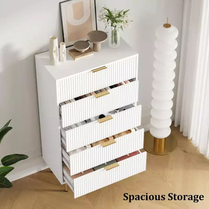 Commode blanche / marbre et bois à 5 tiroirs - panneau cannelé, pour 1 personne
