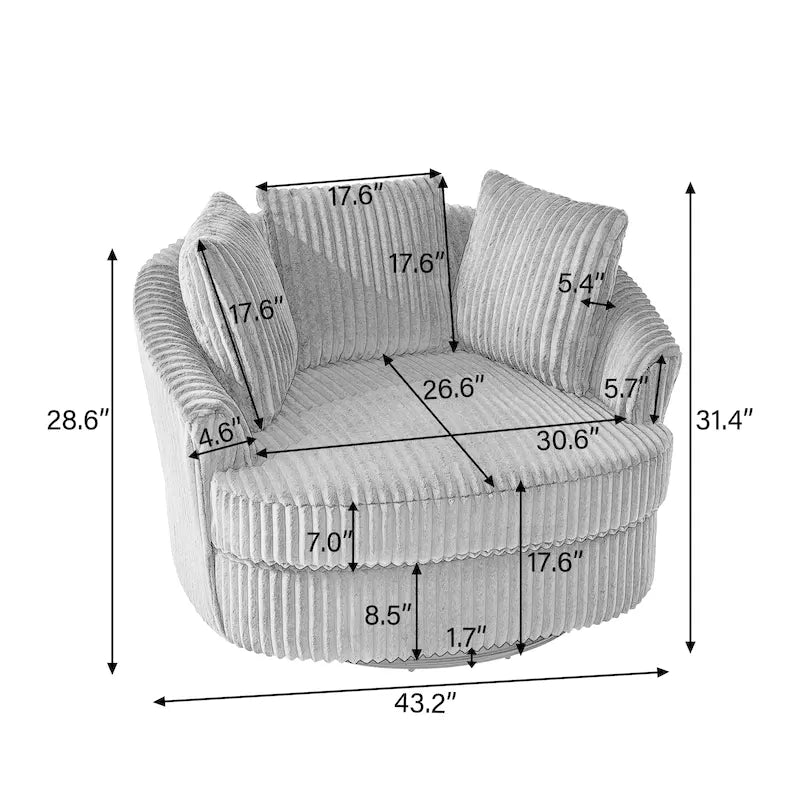 Fauteuil pivotant tonneau surdimensionné de 43 W en velours côtelé moelleux avec accoudoirs encastrés