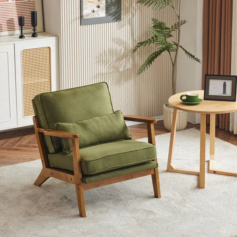 Fauteuil d'appoint rembourré en mélange de lin avec pieds en bois et un coussin, beige