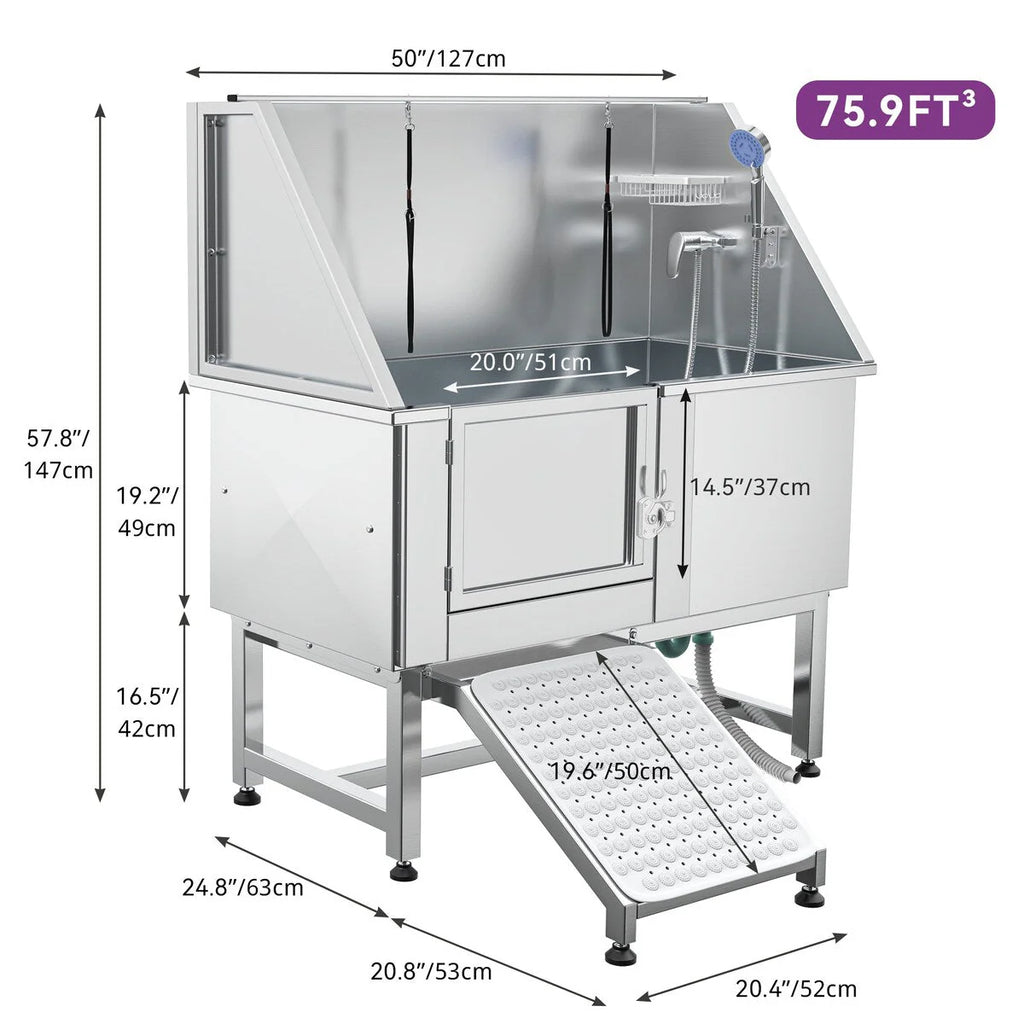 50″ W höhenverstellbare Edelstahl-Pflegetrumanne für Haustiere mit Stufenrampe