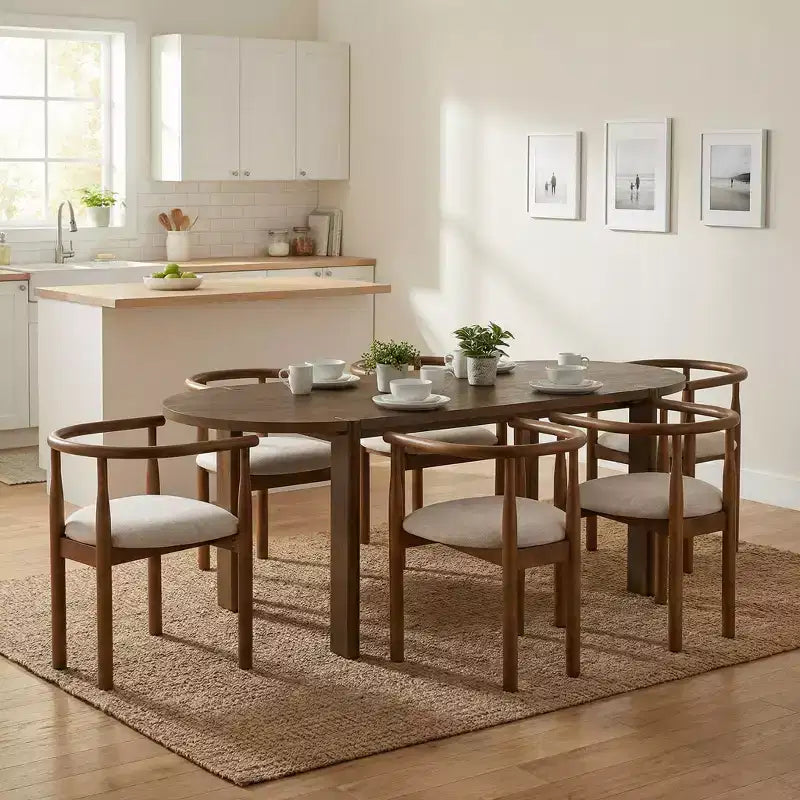 7-delige ovale eetkamertafelset voor 6 personen, grote familiekeukentafel van 71 inch met 6 gevoerde eetkamerstoelen, walnoot - Christopher Knight Home