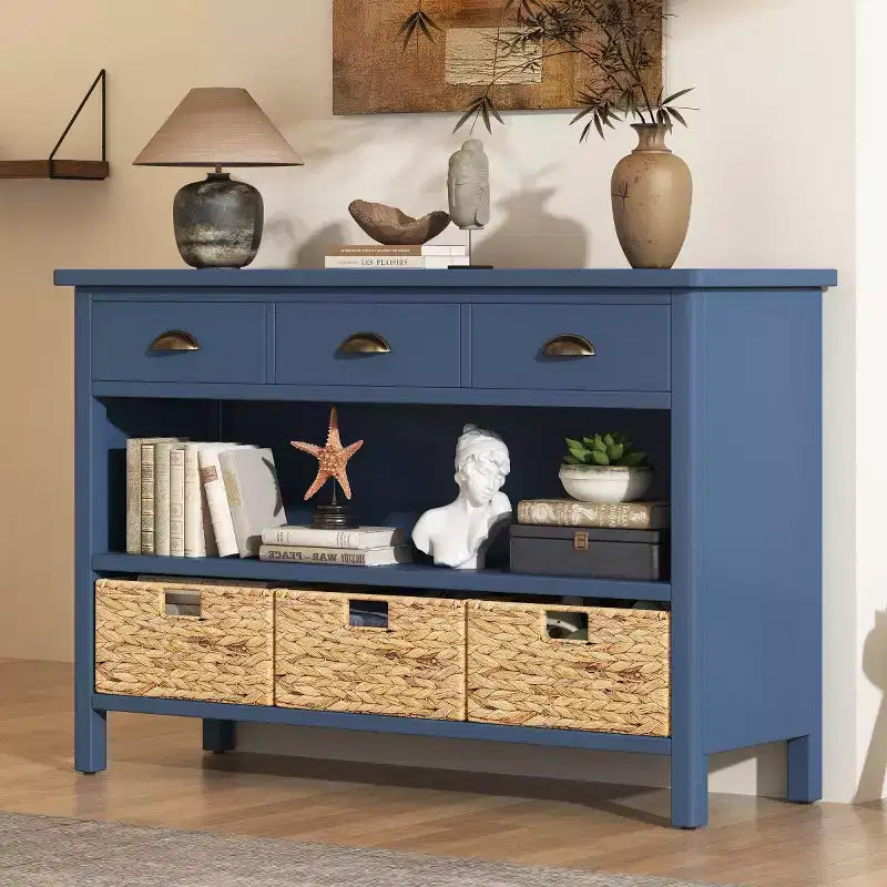 Haltafel voor de entree met opbergruimte, landelijke gangtafel met 3 laden en 3 manden van waterhyacint voor de woonkamer of hal - Panipeachy