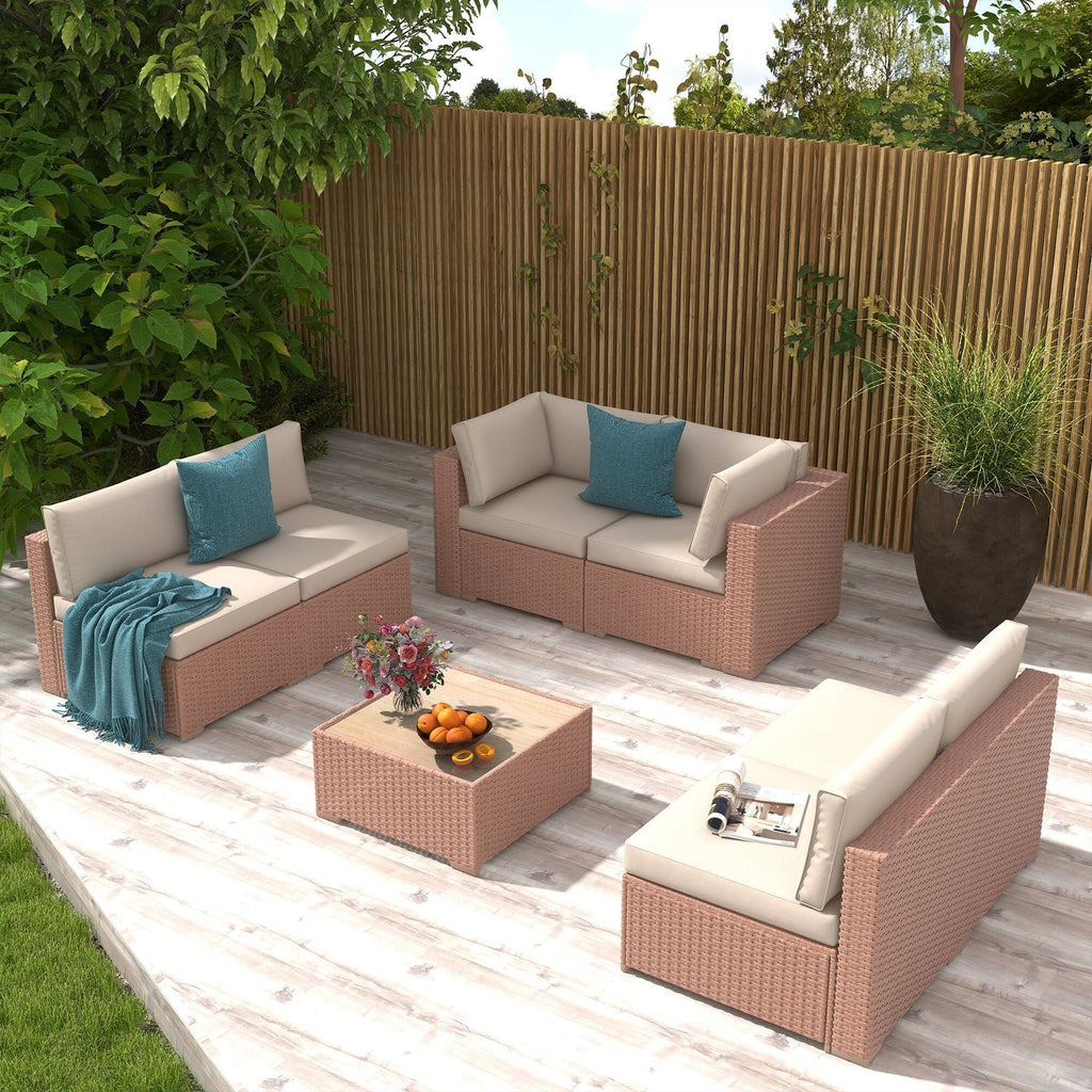 7-delige outdoor loungeset van vlechtwerk en staal met kussens
