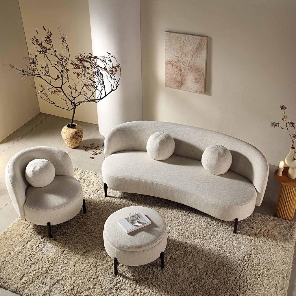Gebogenes 3-Sitzer-Sofa mit Kugelkissen, beige Leinenmischung
