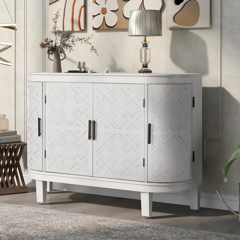 Buffet de rangement décoratif en bois avec portes à motifs antiques pour couloir, entrée, salon ou chambre