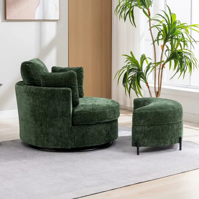 Fauteuil d’appoint pivotant rembourré de 42,3W avec 4 coussins et pouf de rangement demi-lune