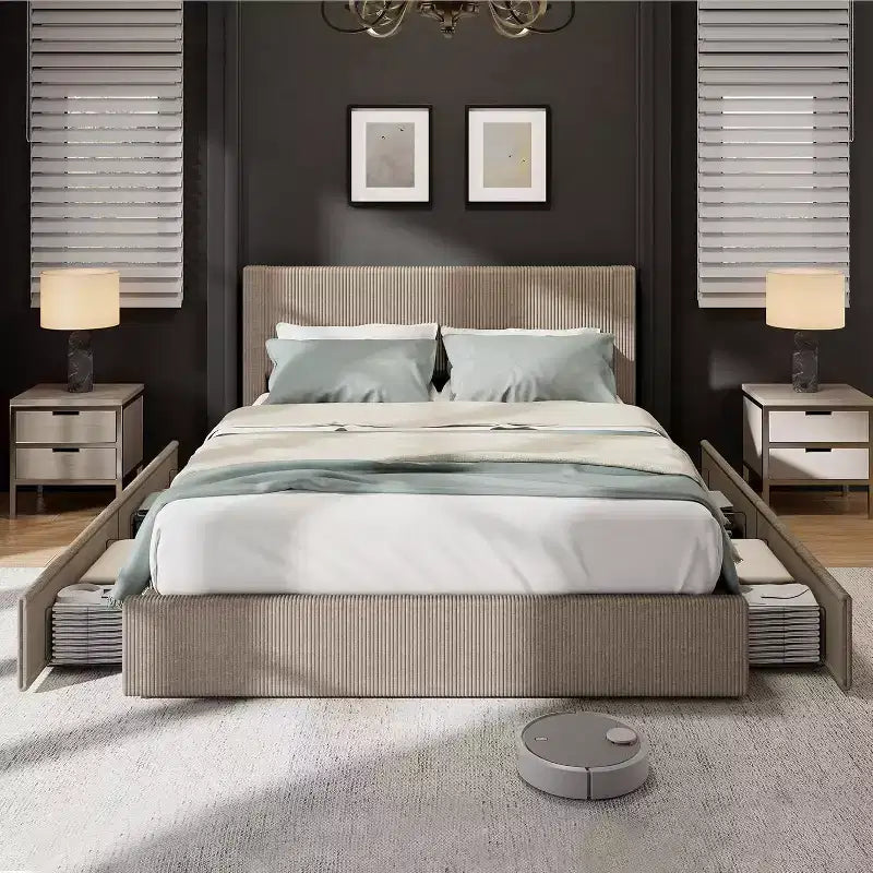 CuisinSmart corduroy bedframe met hoofdbord, gestoffeerd platformbed met 4 opbergladen en houten lattenbodem