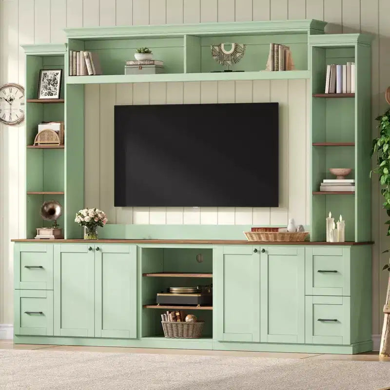 ModernLuxe 4-in-1-Farmhouse-Entertainment-Center als Wandeinheit, passend für Fernseher bis 70, TV-Ständer und Medienkonsole mit verstellbaren Regalen und Schubladen