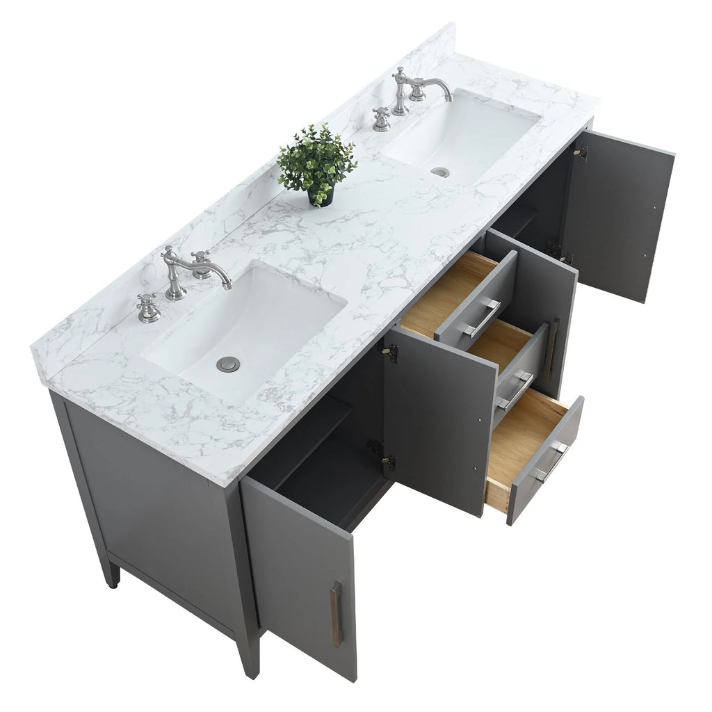 Vanity Art 72 Double Sink Bathroom Vanity Cabinet with Engineered Marble Top