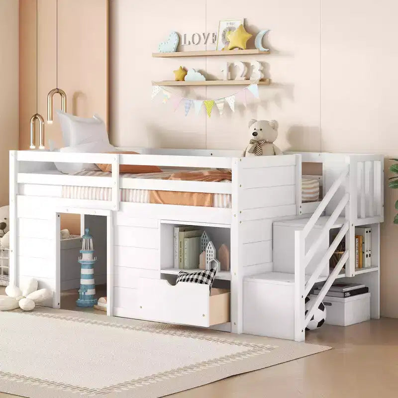 94.6L x 42.3W Solid Wood Twin Size Low Loft Bed With Stair, Drawer And Shelf, Modern & Clean Design
