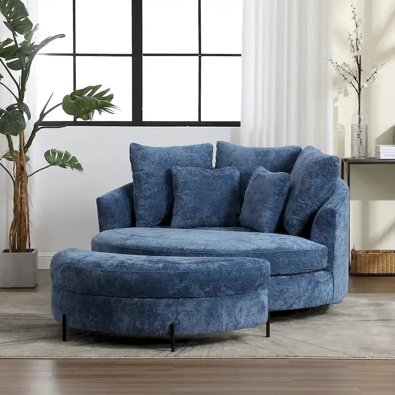 Fauteuil tonneau moderne rond avec 5 coussins et pouf en option