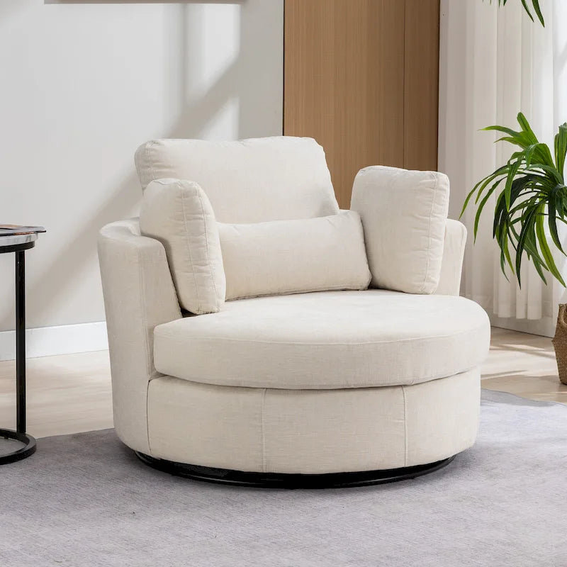 Fauteuil d’appoint pivotant rembourré de 42,3W avec 4 coussins et pouf de rangement demi-lune