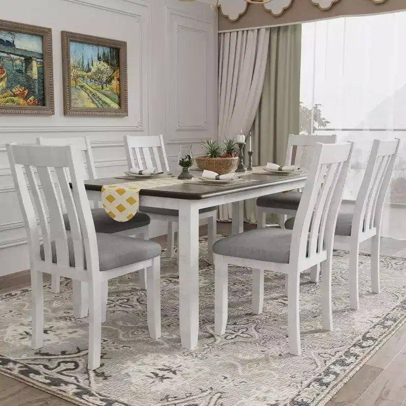 Ensemble de table à manger extensible de style champêtre pour 6 personnes, table rectangulaire et 6 chaises rembourrées