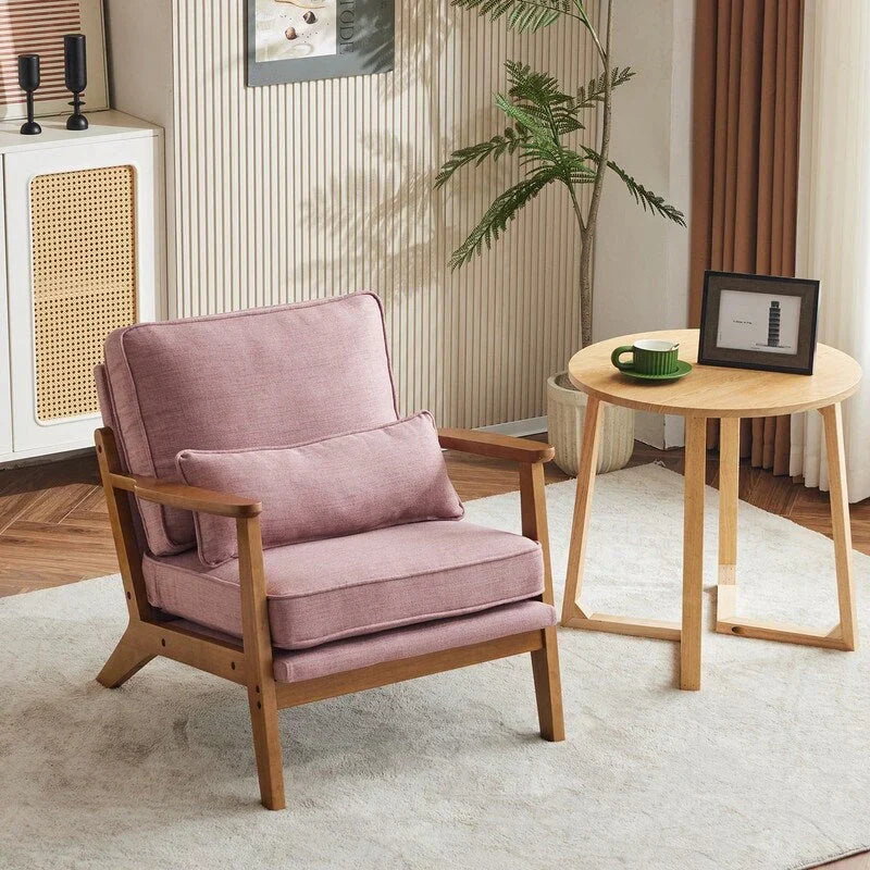 Fauteuil d'appoint rembourré en mélange de lin avec pieds en bois et un coussin, beige