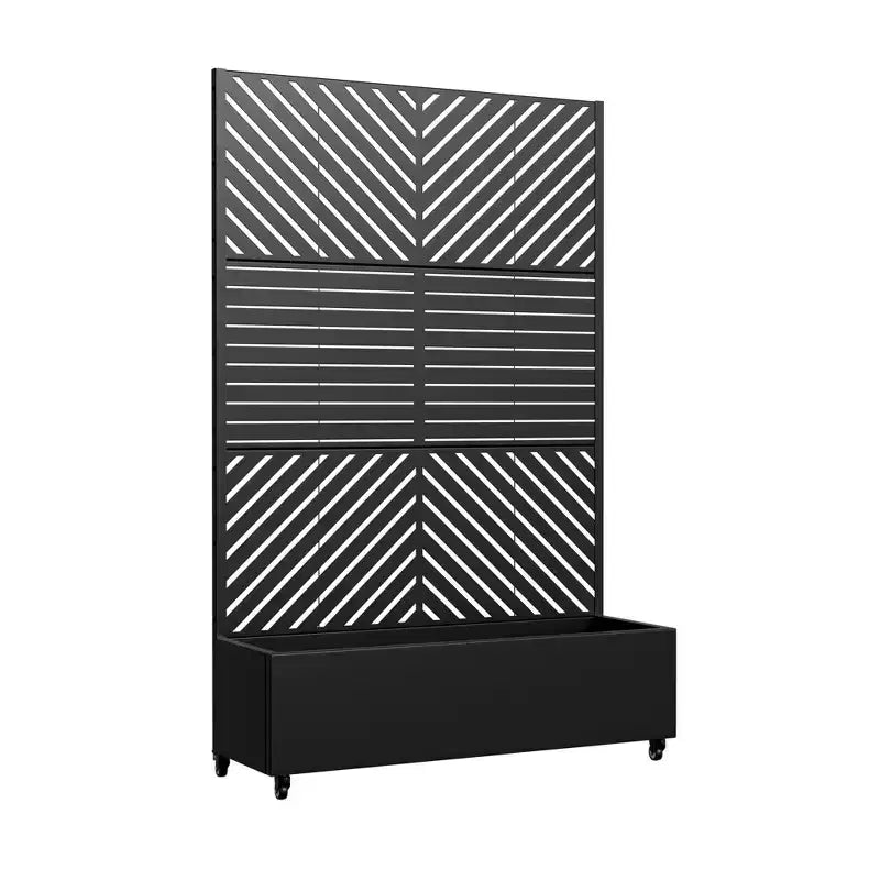 Jardinière MAYEERTY avec treillis, fer noir, lignes parallèles 01, style classique à persiennes combiné, 72x47x16 po, ensemble de 3 pièces