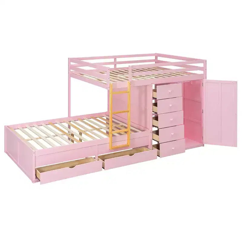 Stapelbed met twee volledige bedden, opbergkast en laden, houten ruimtebesparend stapelbed van volledig formaat met veiligheidshekje voor appartement of slaapkamer