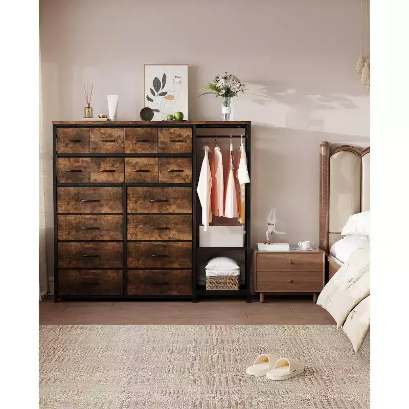 Commode avec 16 tiroirs, tringle et étagères, organisateur de rangement en tissu pour chambre, dressing ou entrée