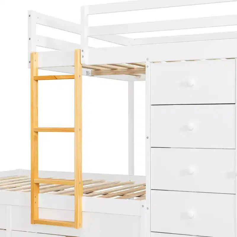 Stapelbed met twee volledige bedden, opbergkast en laden, houten ruimtebesparend stapelbed van volledig formaat met veiligheidshekje voor appartement of slaapkamer