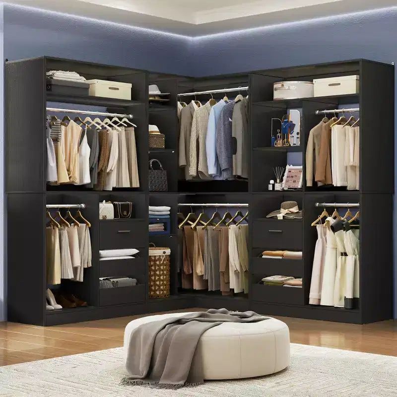 Besiost 3-teiliges Eck-Kleiderschranksystem mit Regalböden und Schubladen, freistehender Kleiderschrank-Organizer mit Kleiderstangen