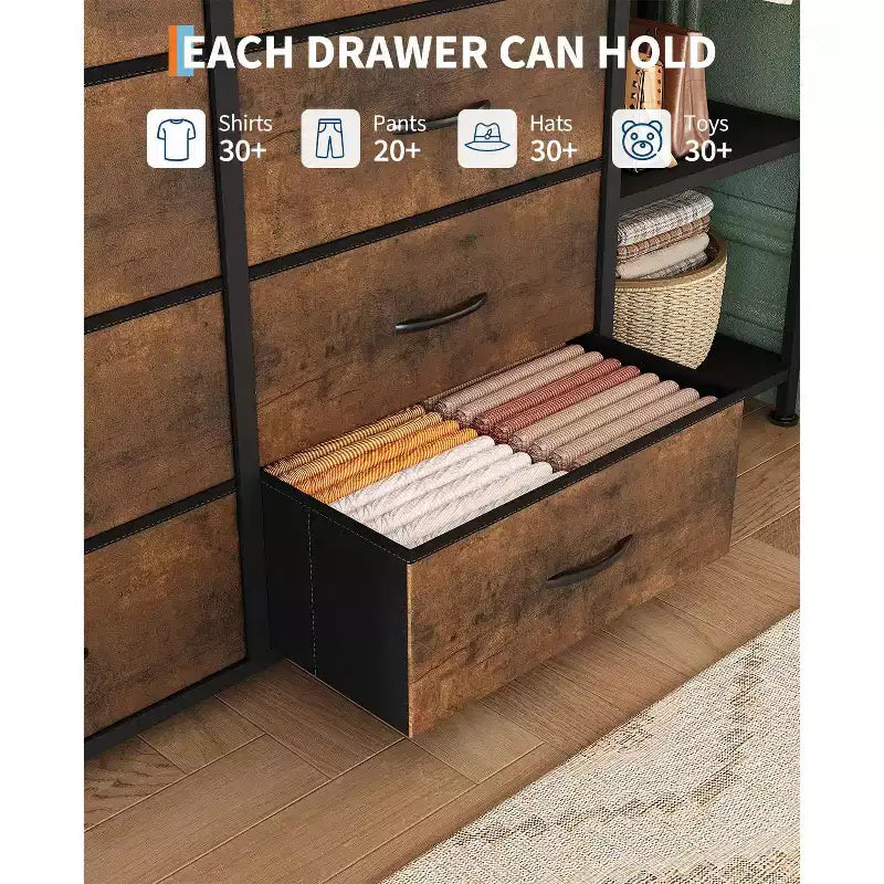 Commode avec 16 tiroirs, tringle et étagères, organisateur de rangement en tissu pour chambre, dressing ou entrée