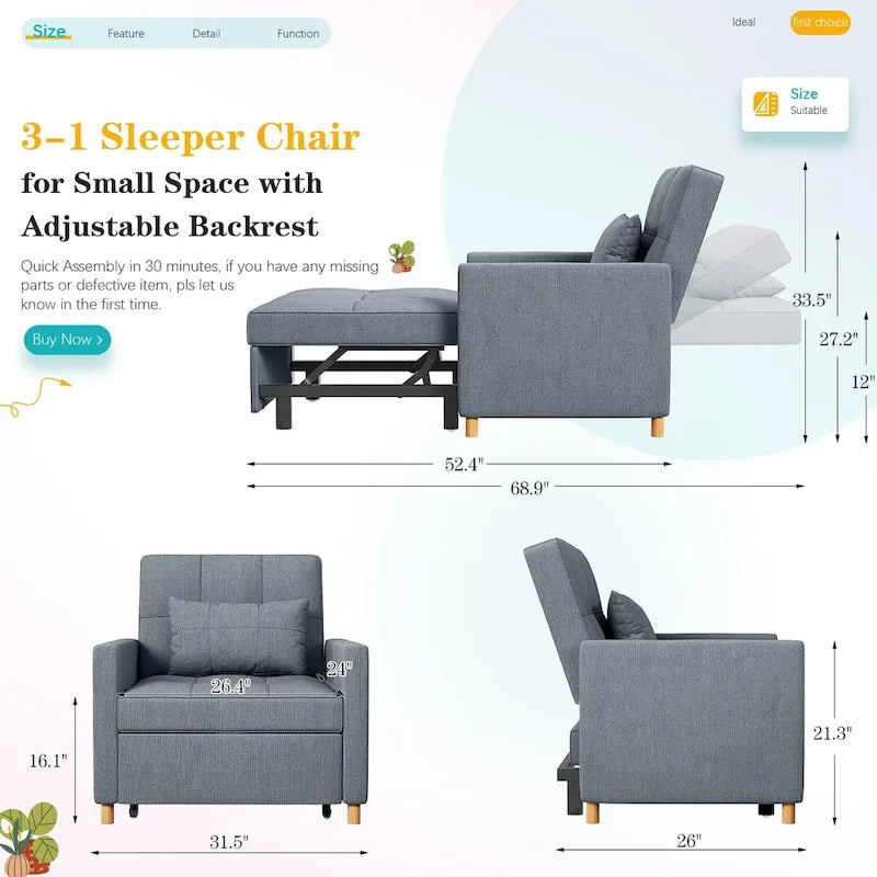 Fauteuil convertible 3-en-1 AECOJOY avec coussin et dossier réglable