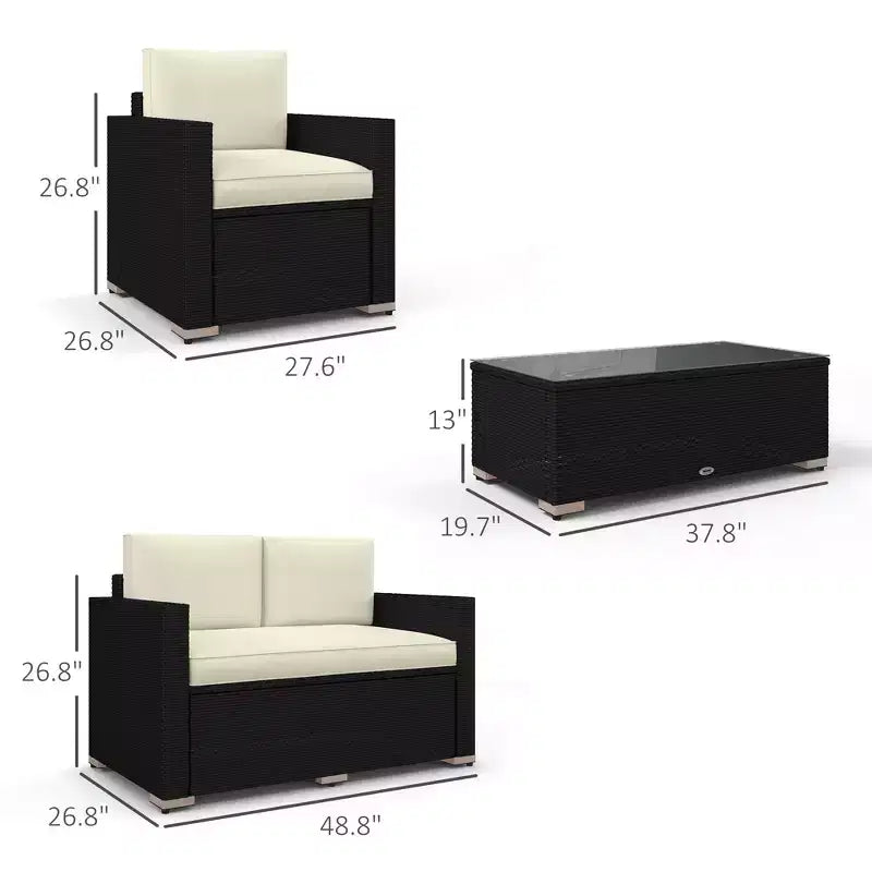 4-delige rotan loungeset, rieten terrasbankstel met loveseatstoelen en salontafel met glazen blad voor de tuin