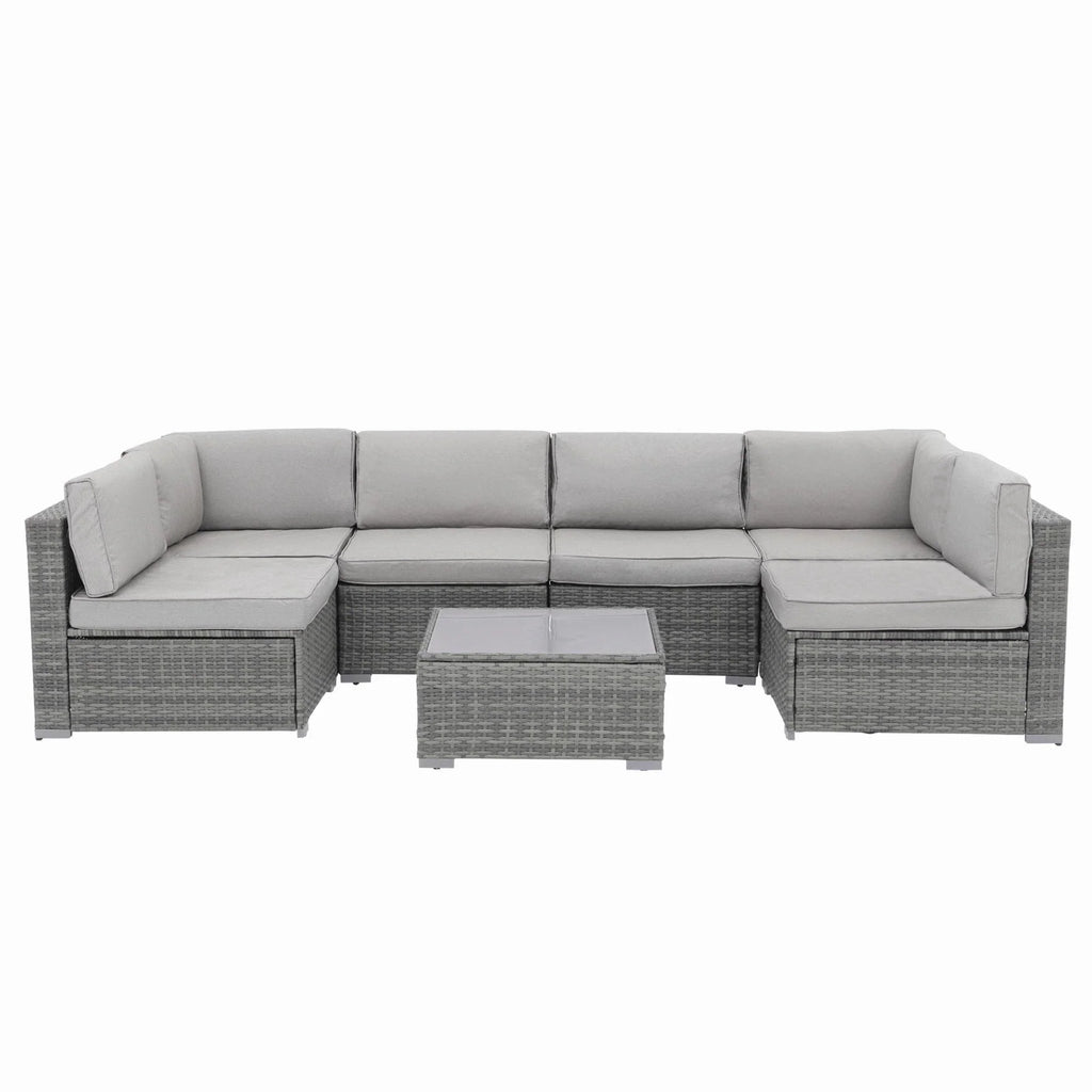 7-delige outdoor loungeset van vlechtwerk en staal met kussens