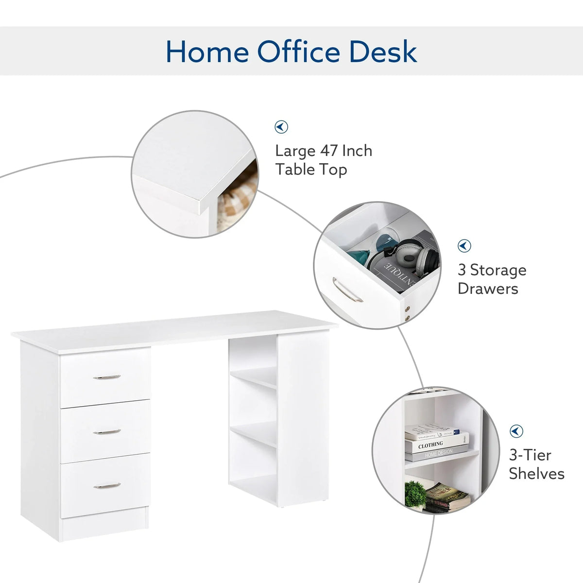 Bureau informatique HOMCOM 47 pour bureau à domicile, combinaison bibliothèque, table d’écriture et poste de travail moderne avec 3 tiroirs et étagère de rangement — blanc