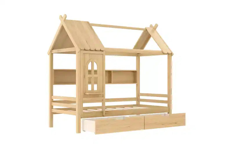 Huisbed met opbergladen en raam, frame van massief hout met planken, speels kinderdesign, lichtwit