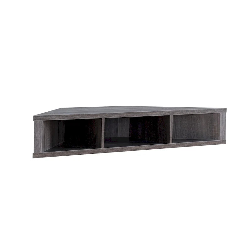 Meuble TV d’angle suspendu 47, 3 étagères, style transitionnel, fixation murale peu encombrante