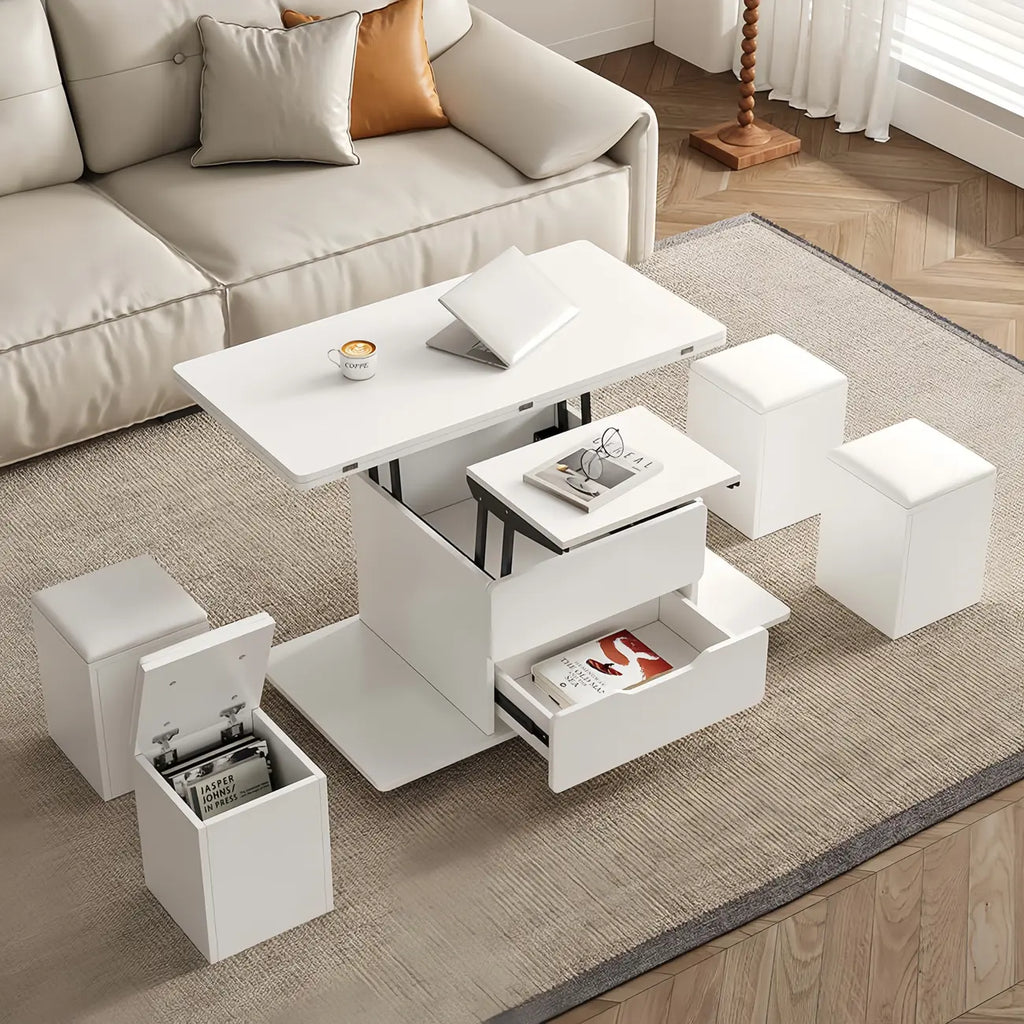 Table basse pliable à plateau relevable avec 4 tabourets et espace de rangement