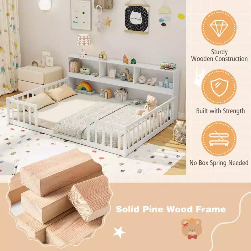 Łóżko podłogowe Montessori w rozmiarze Twin/Full z półkami na książki i miejsce do przechowywania oraz barierkami ochronnymi, białe/szare