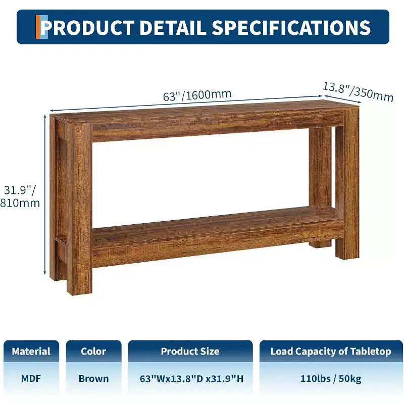 63 inch smalle houten haltafel met 2 laden voor woonkamer, gang of entree, decoratieve opberghaltafel
