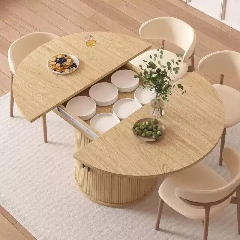 Dyonery 63 uitschuifbare ronde keukentafel voor de eetkamer met opbergrek met 2 niveaus, met voet, houten ovale ronde eettafel, walnoot