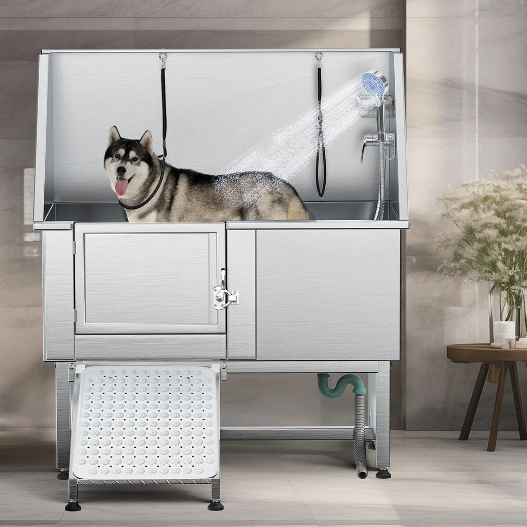 50″ W höhenverstellbare Edelstahl-Pflegetrumanne für Haustiere mit Stufenrampe