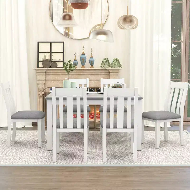 Ensemble de table à manger extensible de style champêtre pour 6 personnes, table rectangulaire et 6 chaises rembourrées