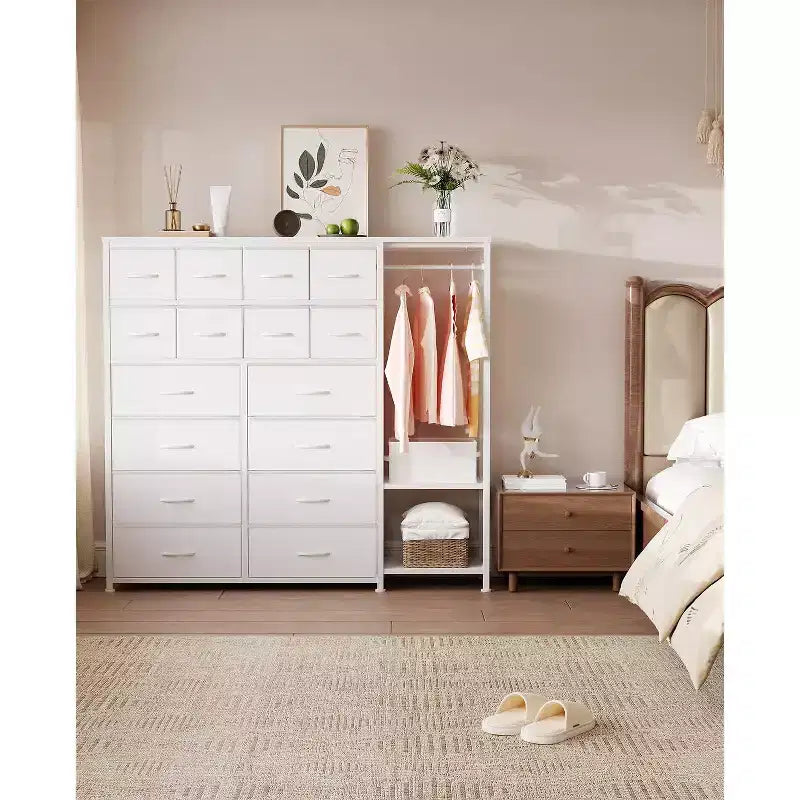 Commode avec 16 tiroirs, tringle et étagères, organisateur de rangement en tissu pour chambre, dressing ou entrée