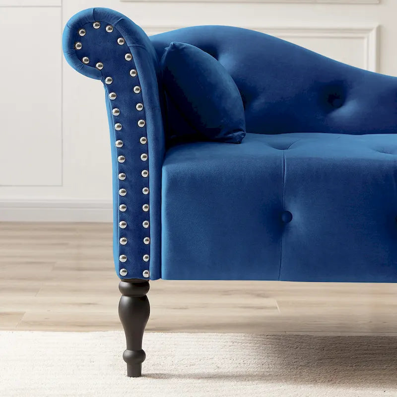 Chaise longue moderne de 60,6 po, revêtement en velours, boutons capitonnés, pieds en bois massif et clous décoratifs