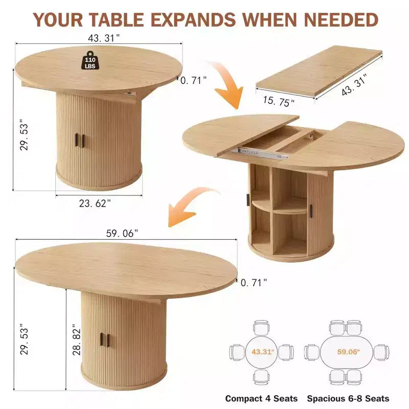 Dyonery 63 uitschuifbare ronde keukentafel voor de eetkamer met opbergrek met 2 niveaus, met voet, houten ovale ronde eettafel, walnoot