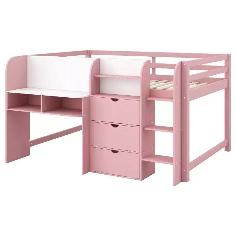 Niedriges Hochbett in Pink/Weiß mit Schreibtisch, Stauraum und Whiteboard - C Twin, 1 Person
