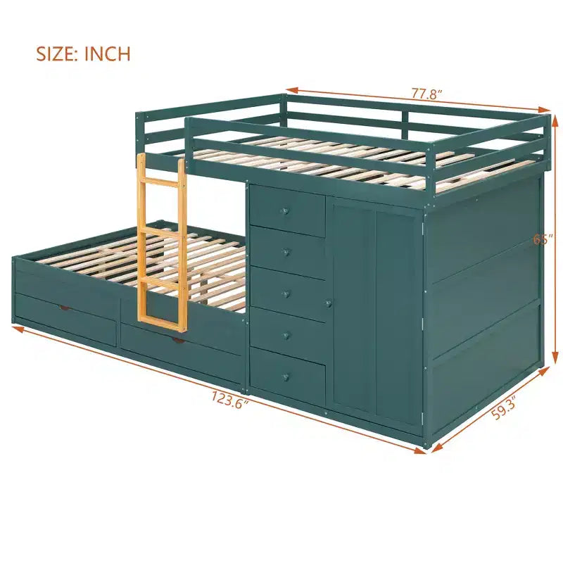 Stapelbed met twee volledige bedden, opbergkast en laden, houten ruimtebesparend stapelbed van volledig formaat met veiligheidshekje voor appartement of slaapkamer