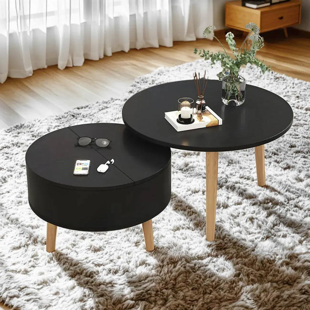 Moderne ronde houten salontafel in zwart en wit met opbergruimte