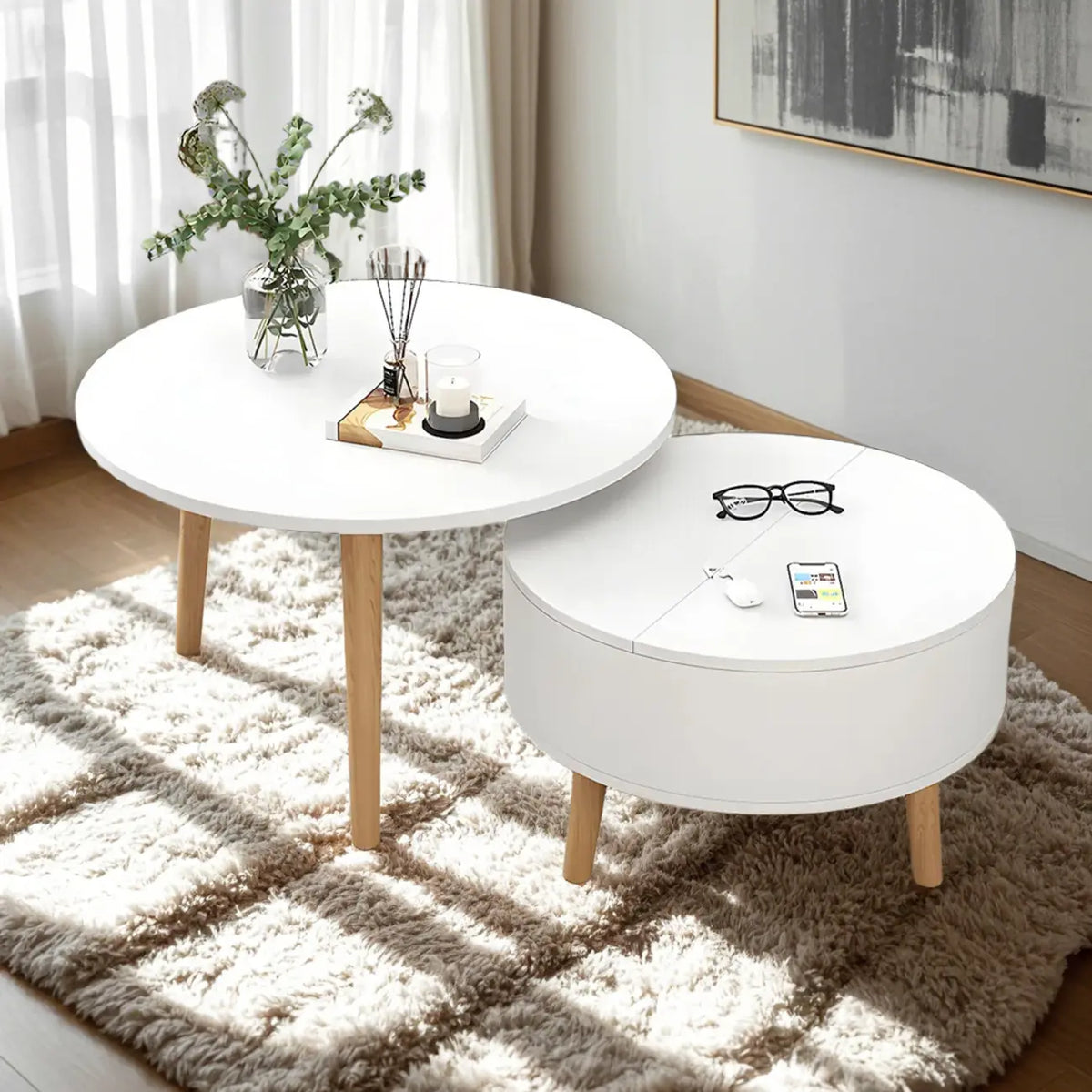 Moderne ronde houten salontafel in zwart en wit met opbergruimte