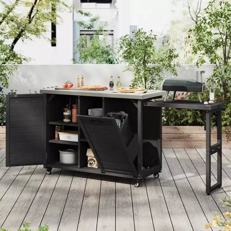 Buitenkeukeneiland van 78,3 inch met roestvrijstalen werkblad, opvouwbaar barbecue-eiland en opbergkasten, zwart
