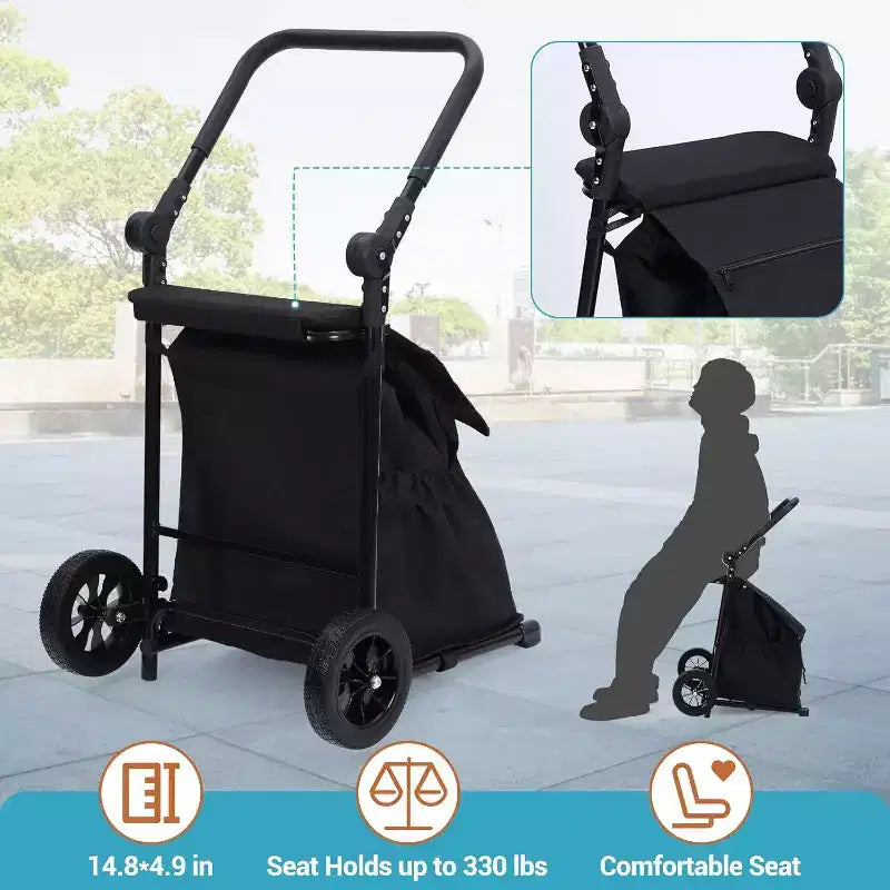 Acekool 2-in-1 zusammenklappbarer Transport- und Nutzwagen mit abnehmbarem wasserdichtem Beutel, dickem Sitzpolster und verstellbarem rutschfestem Griff, Schwarz
