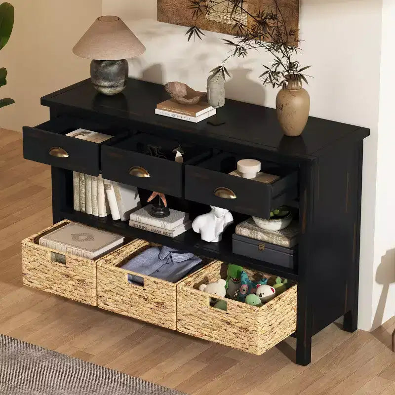 Haltafel voor de entree met opbergruimte, landelijke gangtafel met 3 laden en 3 manden van waterhyacint voor de woonkamer of hal - Panipeachy
