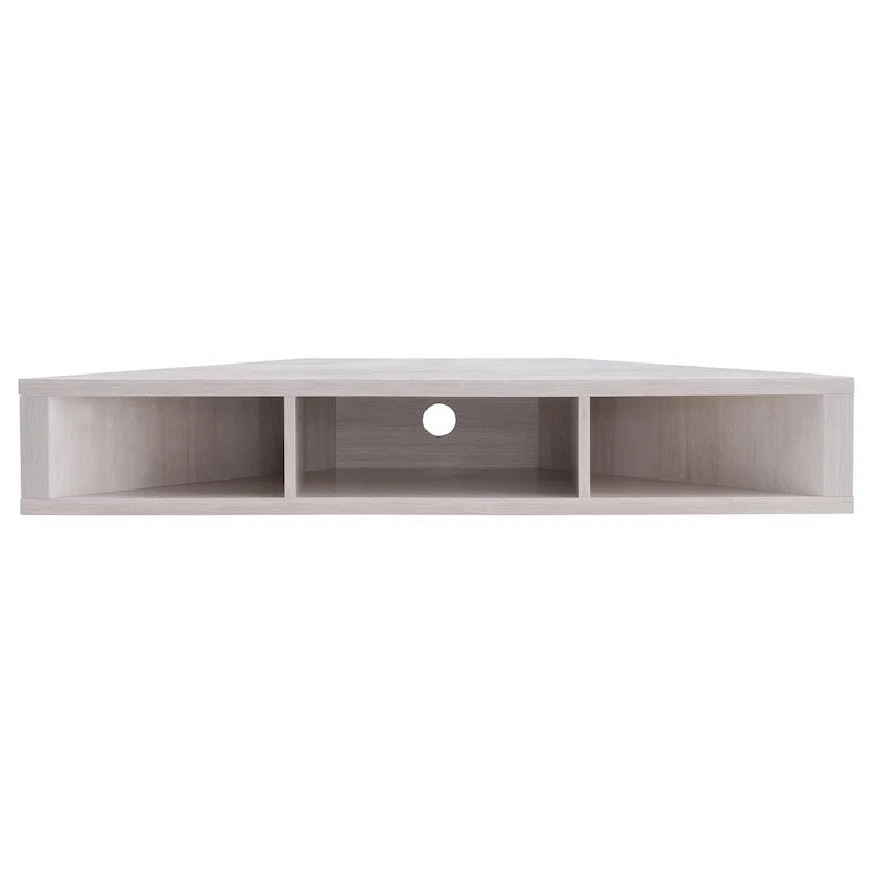 Meuble TV d’angle suspendu 47, 3 étagères, style transitionnel, fixation murale peu encombrante