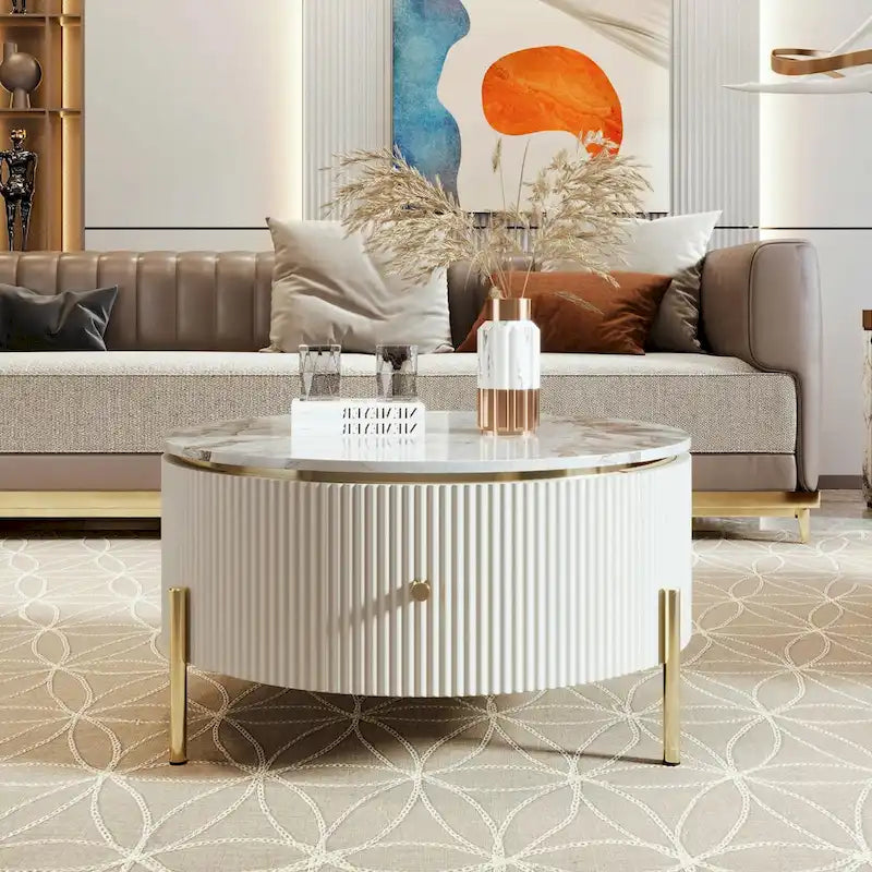 Table basse ronde moderne de 31,5 pouces avec grand espace de rangement dans le tiroir