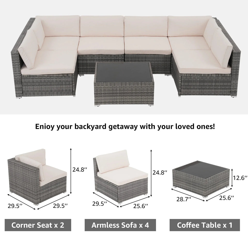 7-delige outdoor loungeset van vlechtwerk en staal met kussens